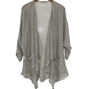 Mastro Moda Tan Blue Linen Woven Open Front Draped Cardigan One Size